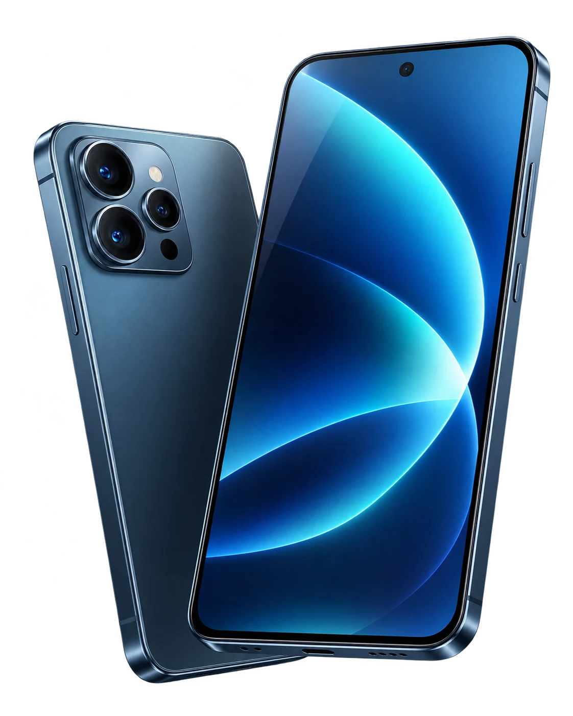 Two smartphones shown from the front and back