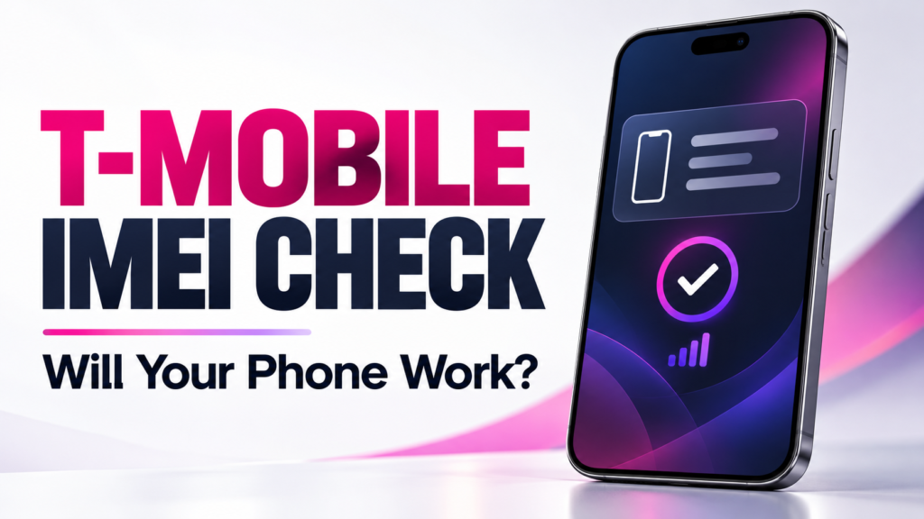 Smartphone with a compatibility-check illustration and the headline T-Mobile IMEI Check.