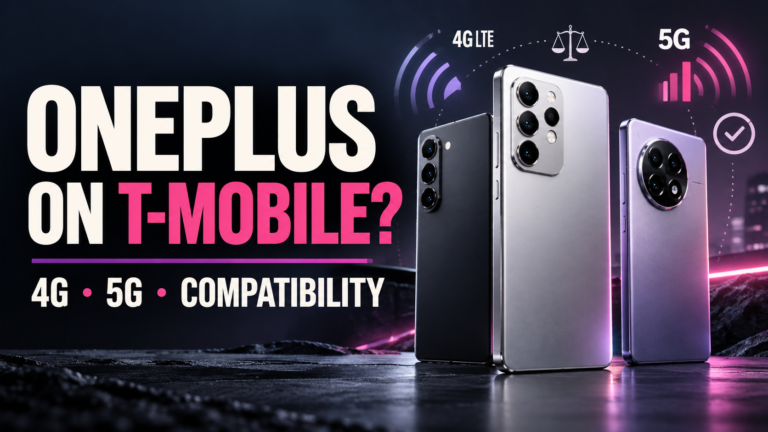 Modern smartphones with cellular network graphics and the headline OnePlus on T-Mobile?