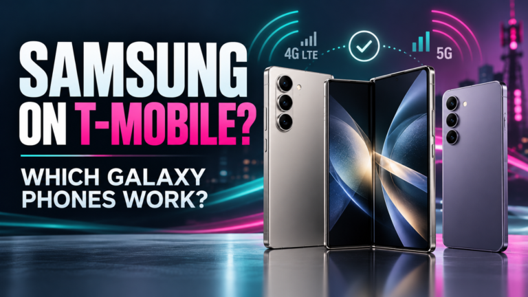 Modern Galaxy-style smartphones with 4G and 5G network symbols and the headline Samsung on T-Mobile?