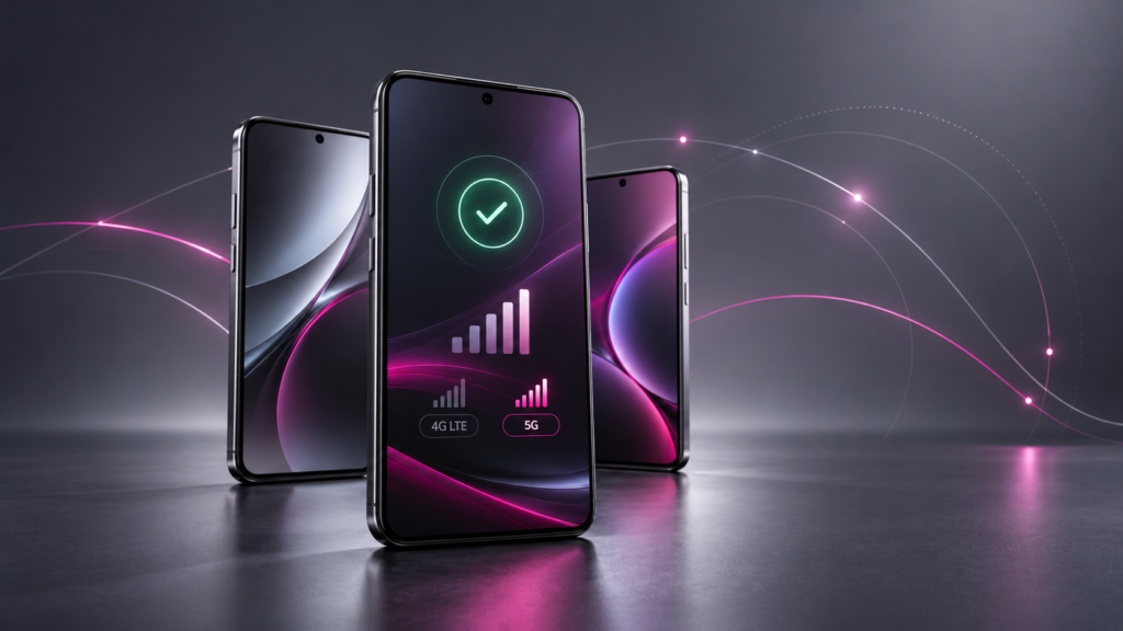 Modern smartphones alongside network signal and compatibility-check symbols.