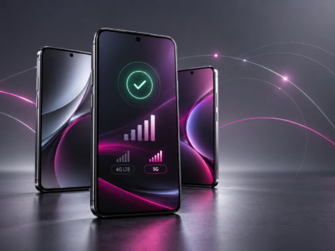 Modern smartphones alongside network signal and compatibility-check symbols.