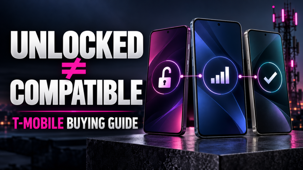 Modern smartphones with the headline Unlocked Does Not Mean Compatible and a wireless-network check symbol.