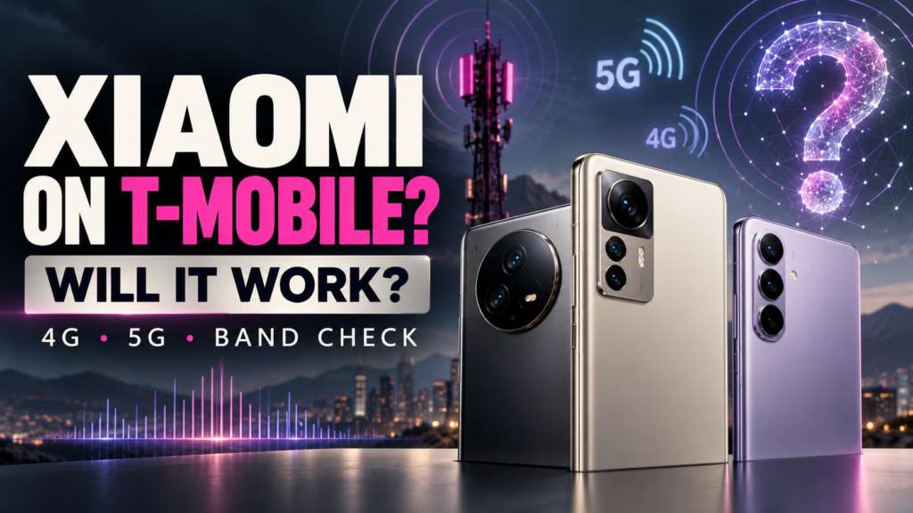 Modern smartphones with 4G and 5G wireless symbols and a headline asking whether Xiaomi phones work on T-Mobile.